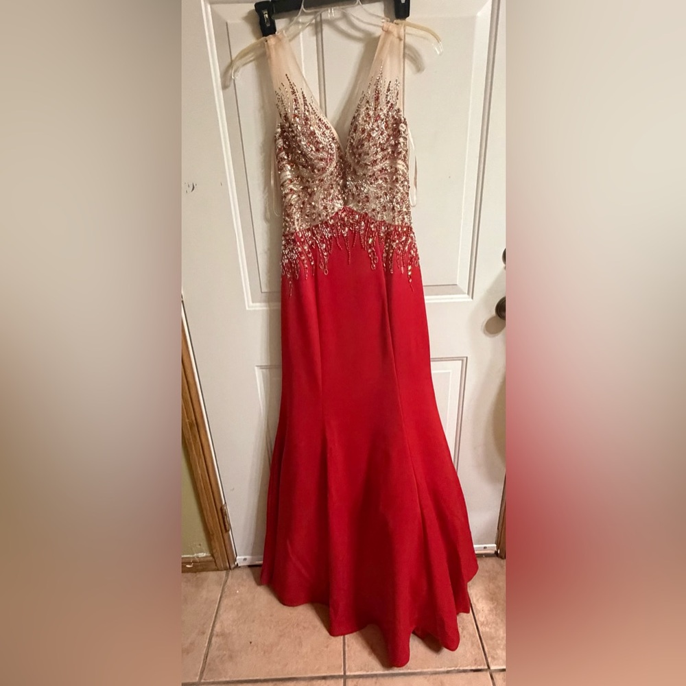 Red Beaded Evening Gown with Gold Embellished Bodice used once